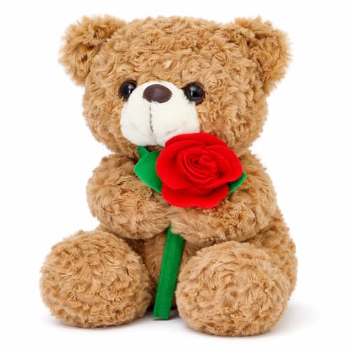Aqushymallow Cow Teddy Bear Plush Toy Hugging a Red Rose or a Heart Romantic Teddy Bear Plush Doll Valentines Day Birthday Girls Gift Brown Bear Rose - Image 5