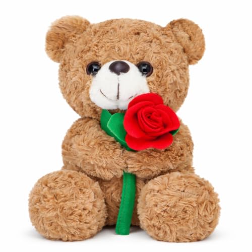 Aqushymallow Cow Teddy Bear Plush Toy Hugging a Red Rose or a Heart Romantic Teddy Bear Plush Doll Valentines Day Birthday Girls Gift Brown Bear Rose - Image 1