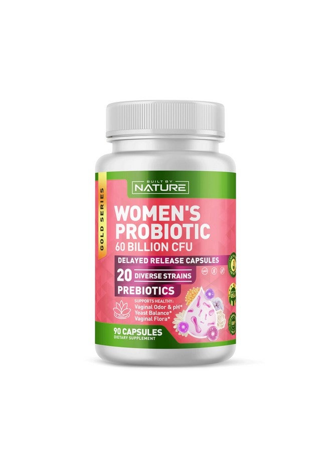 Built by Nature Probiotic for Women 60 Billion CFU - 20 Strains + Prebiotics - Vaginal & Digestive Support - Delayed Release Capsules, Shelf Stable - 3 Month Supply - 90 Capsules - Image 1