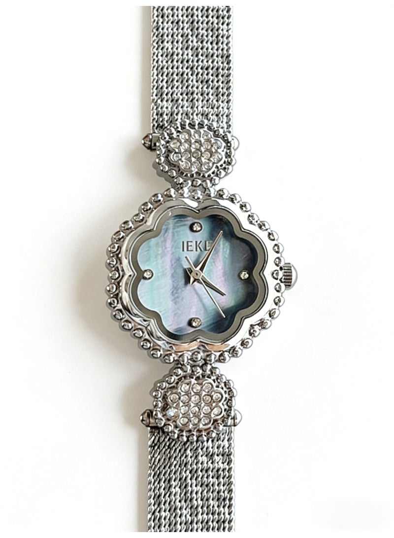 اياكي IEKE Best-Selling Silver Flower-Shaped Watch - Luxury Crystal-Accented Blue Mother-of-Pearl Dial Mesh Bracelet Women's Quartz Wristwatch (Trending Hot Item) - Image 3