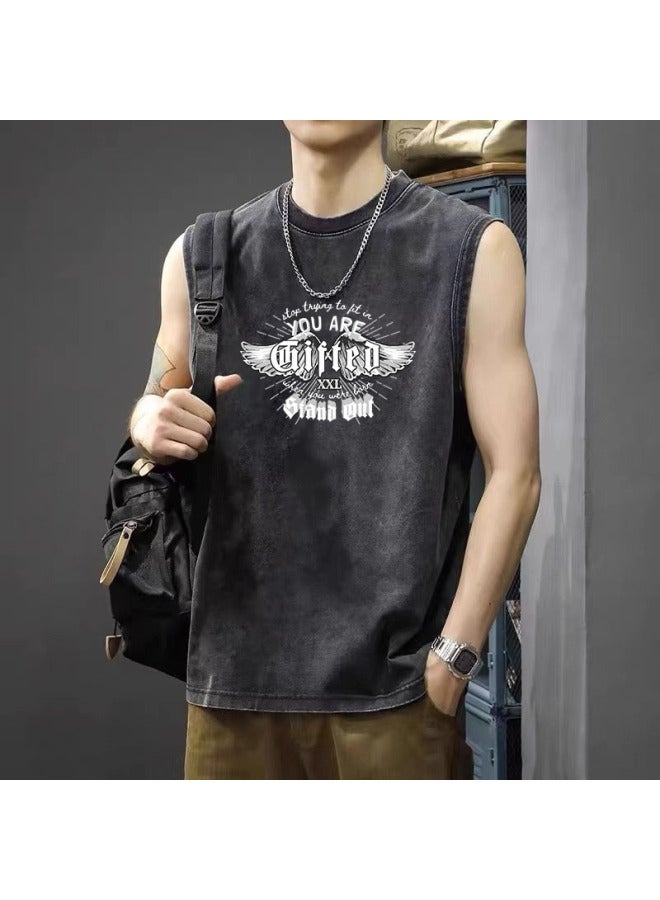 American High Street Retro Washed Distressed Sports Tank Top Trendy Brand Sleeveless Vest Loose Casual Fitness Short Sleeve