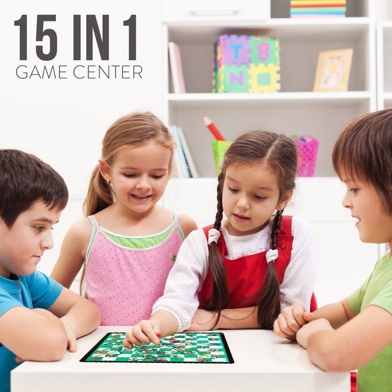Etna Board Game Set  Deluxe 15 in 1 Tabletop Woodaccented Game Center with Storage Drawer Checkers Chess Chinese Checkers Parcheesi TicTacToe SOlitaire Snakes and Ladders Mancala Backgammon Poker Dice Playing Cards Go Fish Old Maid and Dominos - Image 3