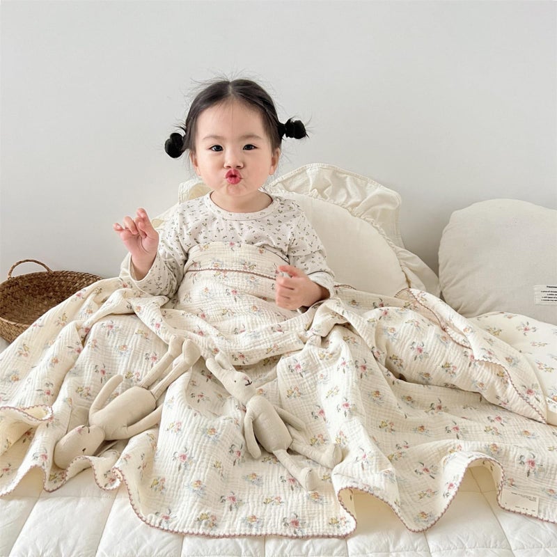 BuLuTu Large Cotton Muslin Kids Toddler Throw Blanket - 47''x51'' Reversible Lightweight Azalea Little Flower Thin Summer Quilt Baby Quilt for Crib Bed,Stroller,Travel,White - Image 3