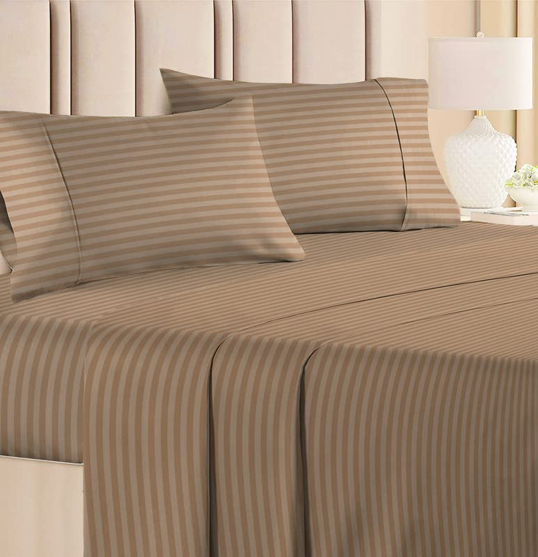 BSB HOME 210 TC Premium Glace Cotton Striped/Lining Plain Bedsheet for Double Bed King Size with 2 Pillow Covers for Home-Hotels-Guest House- Beige - Image 1