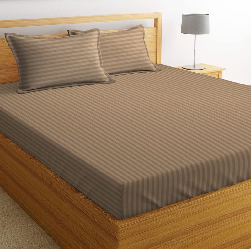 BSB HOME 210 TC Premium Glace Cotton Striped/Lining Plain Bedsheet for Double Bed King Size with 2 Pillow Covers for Home-Hotels-Guest House- Beige - Image 4