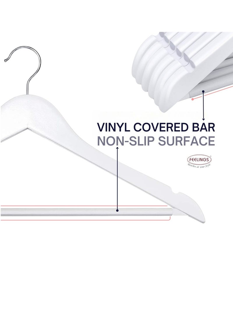 FEELINGS Wooden Hangers with Non-Slip Grip, Set of 12 - White Finish, Durable Space-Saving Premium Design for Clothes, Coats, and Jackets