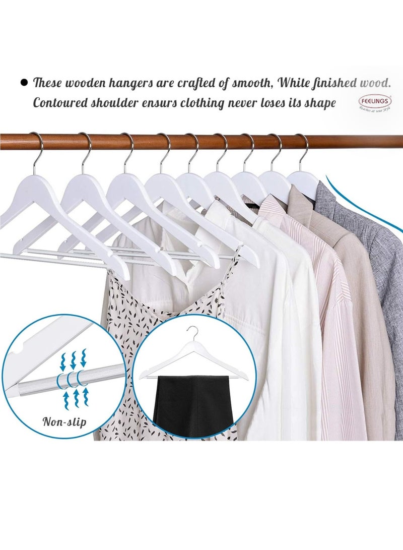 FEELINGS Wooden Hangers with Non-Slip Grip, Set of 12 - White Finish, Durable Space-Saving Premium Design for Clothes, Coats, and Jackets