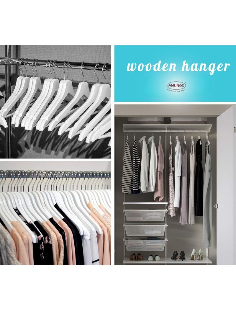 FEELINGS Wooden Hangers with Non-Slip Grip, Set of 12 - White Finish, Durable Space-Saving Premium Design for Clothes, Coats, and Jackets