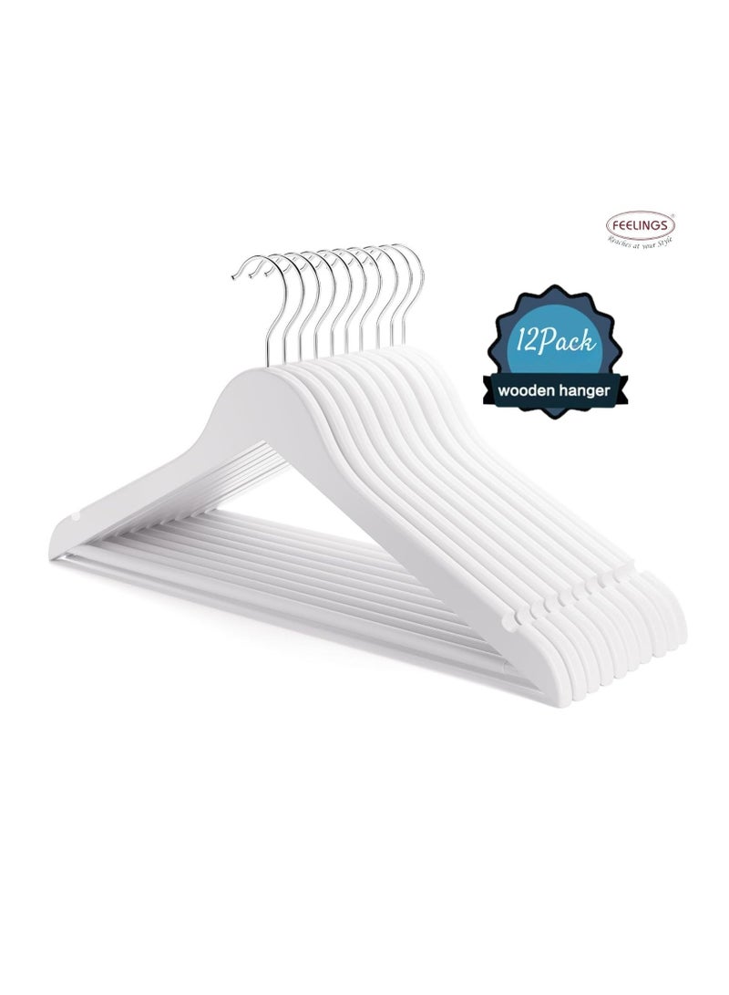 FEELINGS Wooden Hangers with Non-Slip Grip, Set of 12 - White Finish, Durable Space-Saving Premium Design for Clothes, Coats, and Jackets