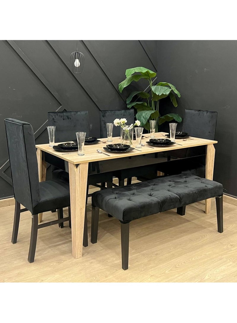 MDF dining table with 4 chairs and a bench with a luxurious touch - velvet upholstery available in multiple colors