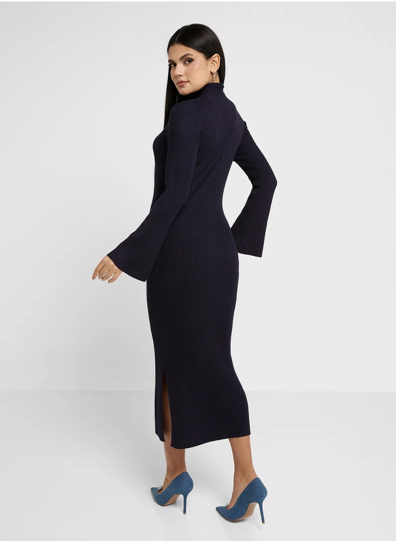 فرنش كونكشن Flared Sleeve Rib Knit Dress