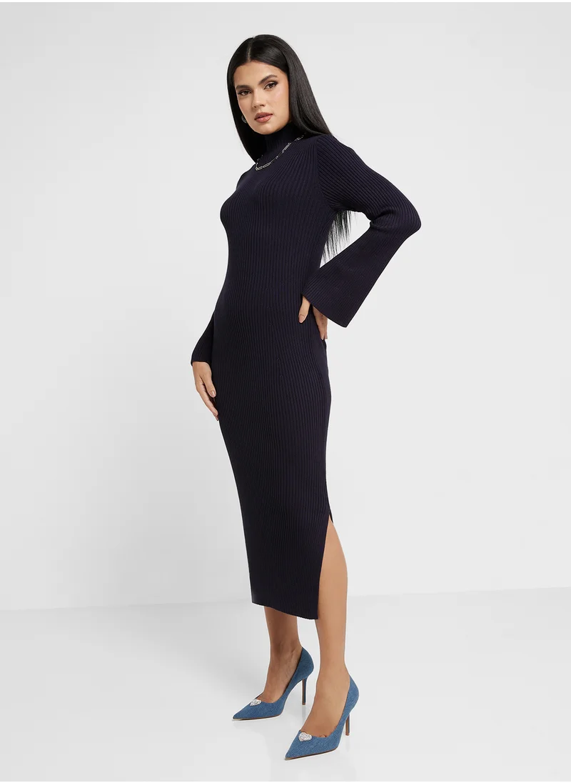 فرنش كونكشن Flared Sleeve Rib Knit Dress