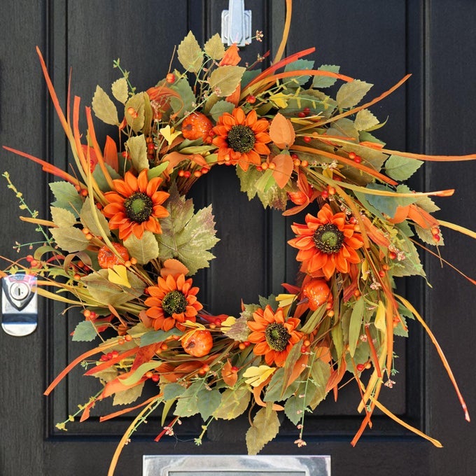 FALL WREATHS FOR FRONT DOOR 22 INCH PUMPKIN AUTUMN THANKSGIVING WREATH WITH BERRIES SUNFLOWER WREATH FOR OUTDOOR OUTSIDE INDOOR HALLOWEEN DECORATIONS