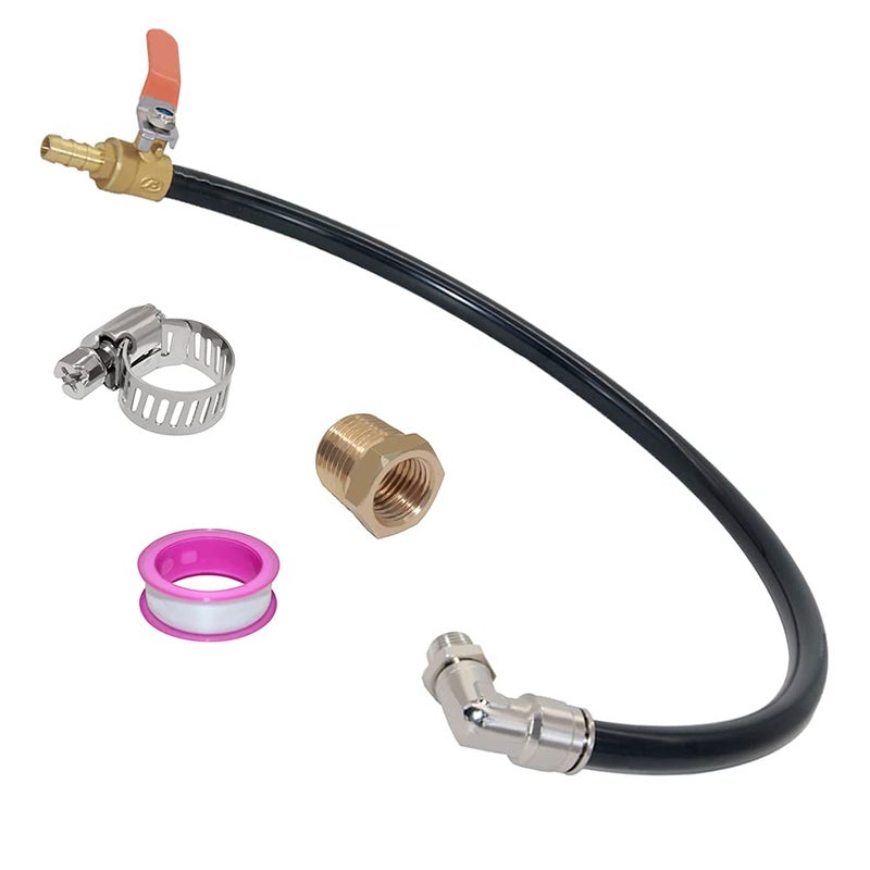 Beduan Extended Tank Drain Assembly Kit with 14 NPT Elbow Push to connect fitting 20 Inch Nylon tubing 10mm OD barb brass ball valve for Air Compressor