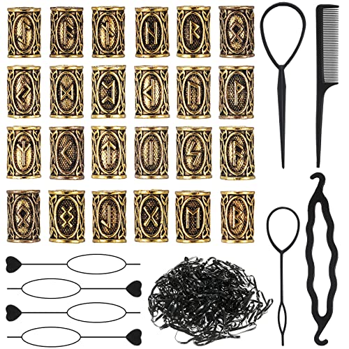 Geosar 24 Pcs Norse Vikings Runes Hair Beard Beads for Bracelets Necklace Accessories DIY Includes 7 Pcs Pull Hair Pin Quick Beader Tool and Black Rubber Bands for Women MenGold - Image 1
