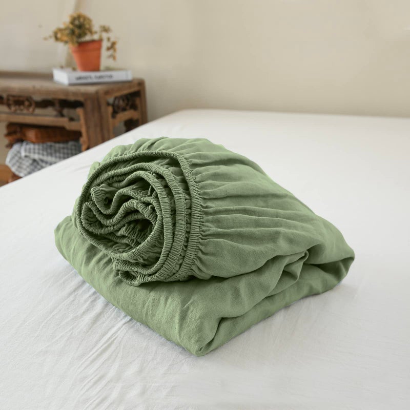 King Linens 100% Linen Fitted Sheet Stone Washed Solid Color - (1 Piece) 14 inch Deep Pocket Mattress Cover Soft Natural Breathable Farmhouse - Sage Green  Full Size - Image 1