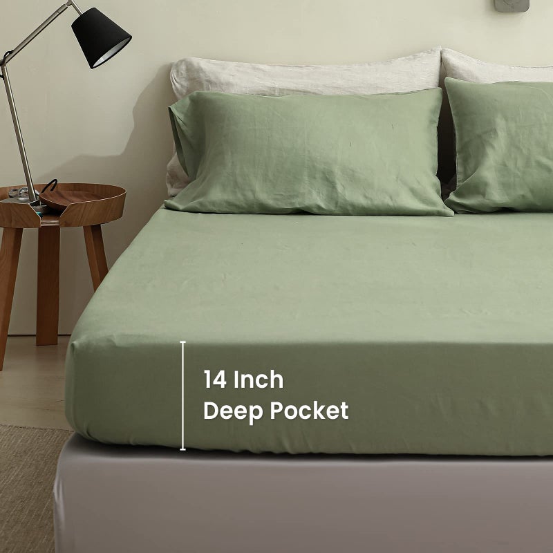 King Linens 100% Linen Fitted Sheet Stone Washed Solid Color - (1 Piece) 14 inch Deep Pocket Mattress Cover Soft Natural Breathable Farmhouse - Sage Green  Full Size - Image 4