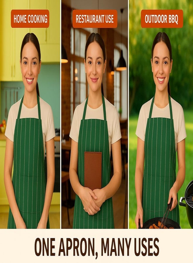 CRAZYWEAVES 100% Soft and Cool Cotton Kitchen Striped Design Apron with Front Centre Pocket, Adjustable Neck Strap and Tie, Restaurants, Catering, Kitchen, Chef Apron for Unisex (Green) - Image 5