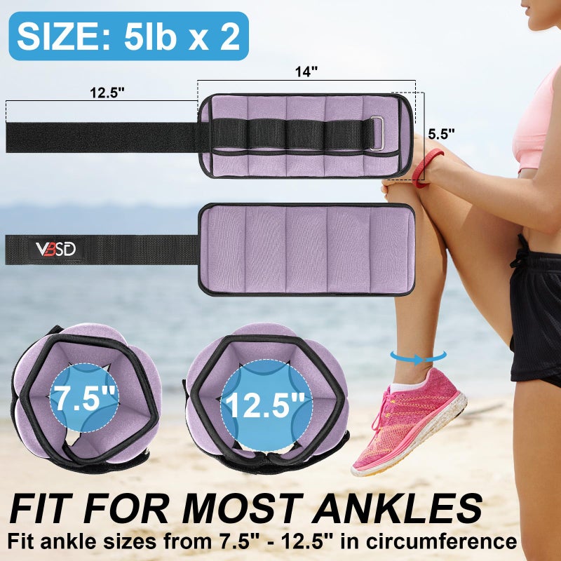 VBSD Adjustable Ankle Weights for Men Women, 10lb 1 Pair Leg Weight Straps, Weighted Ankle Weights Set for Gym, Yoga, Jogging, Walking, Aerobics, 1-5 lbs Each Ankle, 1 Pair 2-10 lbs, Lavender - Image 2