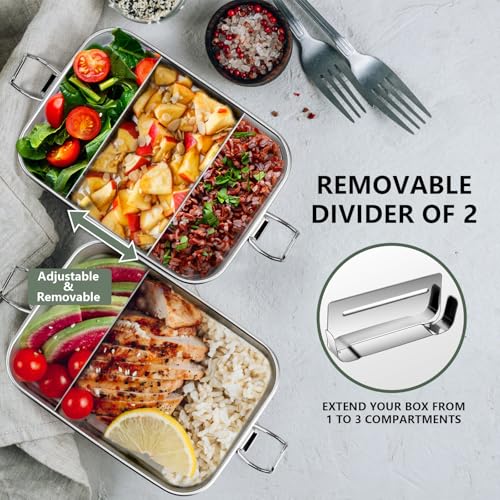 Leonyo 47oz 18/10 Stainless Steel Lunch Box, 1400ml Metal Bento Box for Adults with 2 Dividers, Leak-Proof Bento Snack Containers for Women Man, Dishwasher Safe, Oven Safe Except for Lid - Image 5