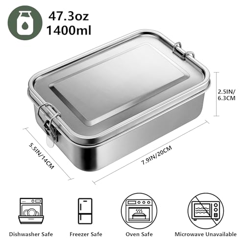 Leonyo 47oz 18/10 Stainless Steel Lunch Box, 1400ml Metal Bento Box for Adults with 2 Dividers, Leak-Proof Bento Snack Containers for Women Man, Dishwasher Safe, Oven Safe Except for Lid - Image 2
