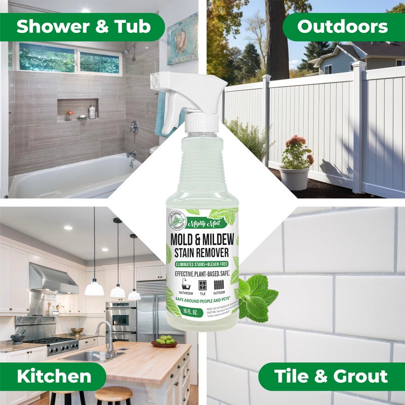 Mighty Mint Mold & Mildew Stain Remover Spray, Rapid Clean for Bathroom, Kitchen, Hard Water, Outdoors, Natural Peppermint Scent, 16oz - Image 2