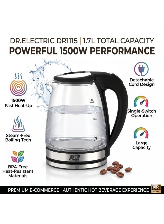 DR.ELECTRIC Electric glass kettle, 1.7 liter 1500Watt capacity, heat-resistant glass, model DR1115 - Image 3