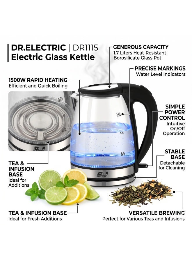 DR.ELECTRIC Electric glass kettle, 1.7 liter 1500Watt capacity, heat-resistant glass, model DR1115 - Image 5