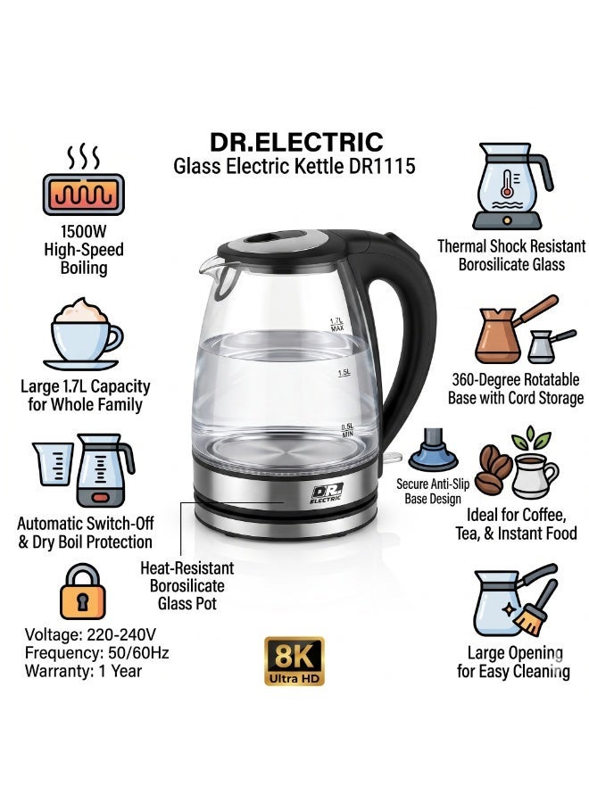 DR.ELECTRIC Electric glass kettle, 1.7 liter 1500Watt capacity, heat-resistant glass, model DR1115 - Image 2