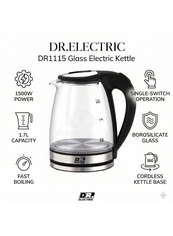 DR.ELECTRIC Electric glass kettle, 1.7 liter 1500Watt capacity, heat-resistant glass, model DR1115 - Image 1