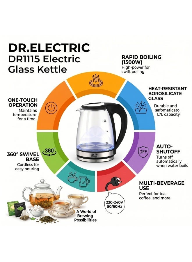 DR.ELECTRIC Electric glass kettle, 1.7 liter 1500Watt capacity, heat-resistant glass, model DR1115 - Image 4