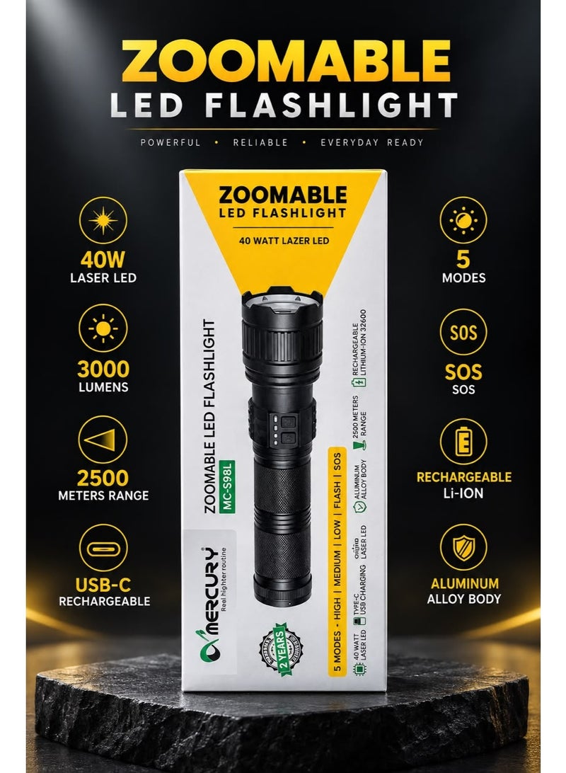ZOOMABLE LED FLASHLIGHT|MERCUTY FLASH LIGHT|MC 599SL|HIGH BEAM FLASH LIGHT