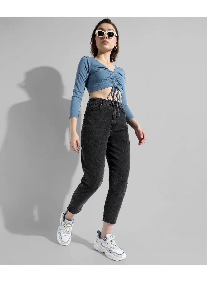 Campus Sutra Women's Solid Blue Regular Fit Top