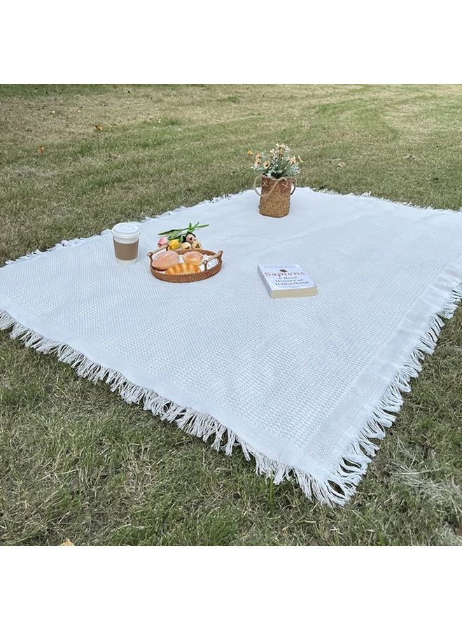 Coffee White 90X90 Lightweight Moisture Resistant Camping Rug Fringe Design Hand Washable Picnic Mat Outdoor Travel All Seasons - Image 2