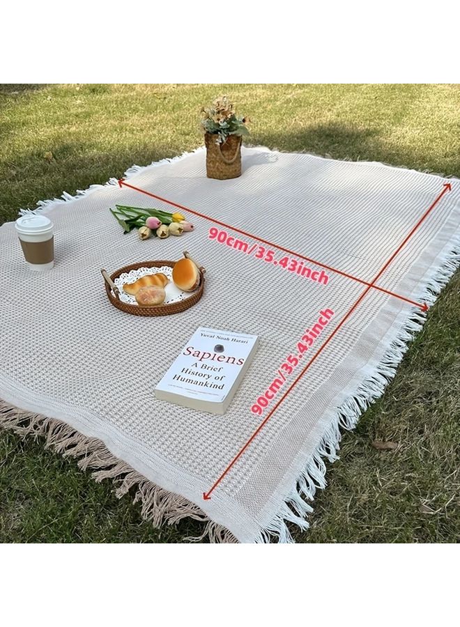 Coffee White 90X90 Lightweight Moisture Resistant Camping Rug Fringe Design Hand Washable Picnic Mat Outdoor Travel All Seasons - Image 1