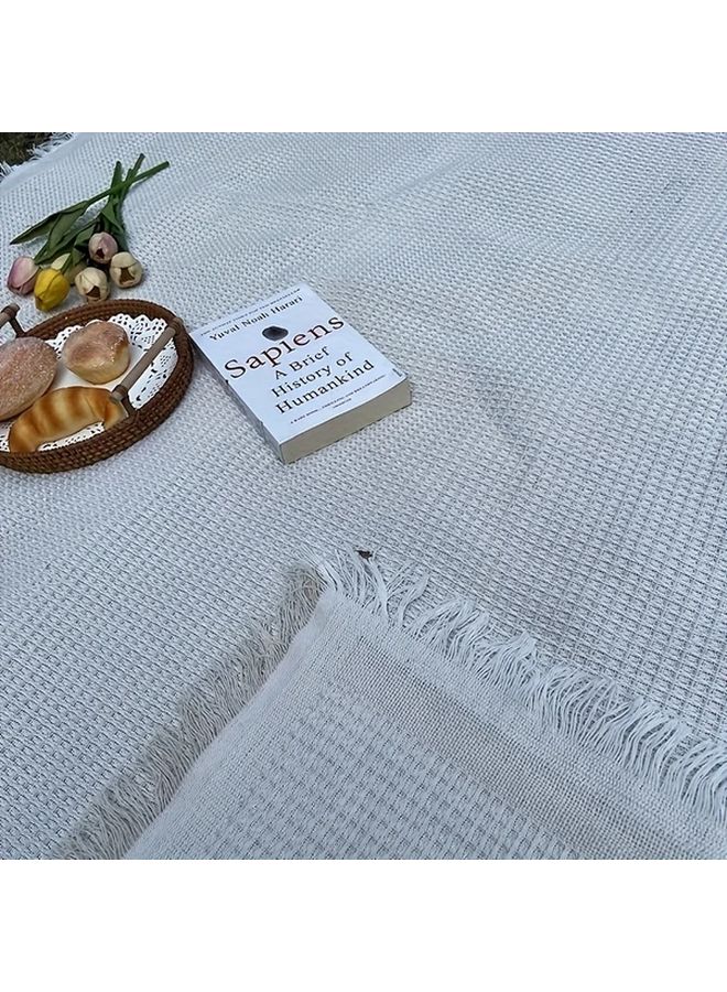 Coffee White 90X90 Lightweight Moisture Resistant Camping Rug Fringe Design Hand Washable Picnic Mat Outdoor Travel All Seasons - Image 5