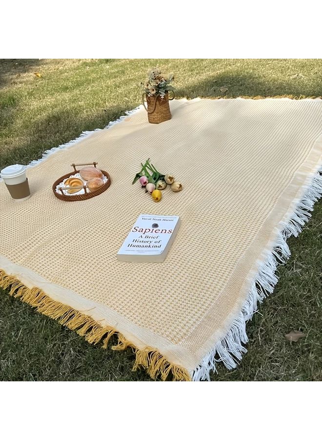 Coffee White 90X90 Lightweight Moisture Resistant Camping Rug Fringe Design Hand Washable Picnic Mat Outdoor Travel All Seasons - Image 3