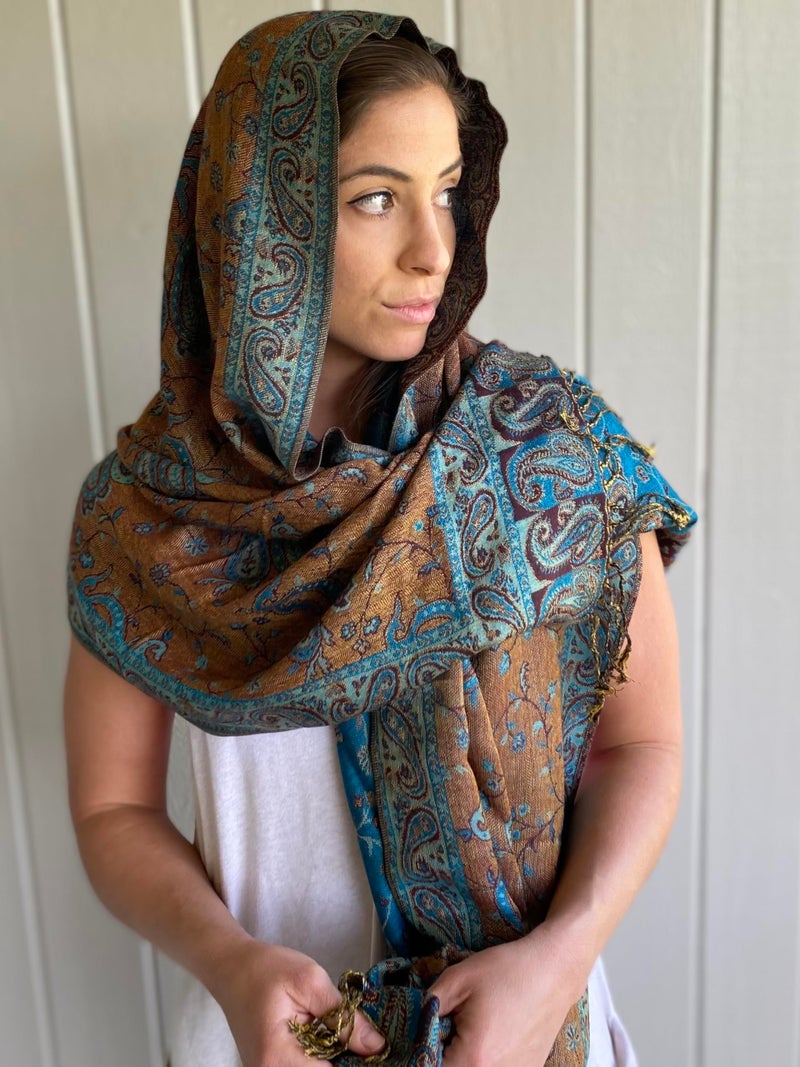 Achillea Soft Silky Reversible Paisley Pashmina Shawl Wrap Scarf w/Fringes (Teal) - Image 2