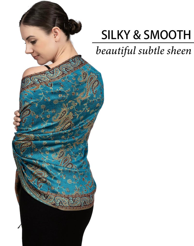 Achillea Soft Silky Reversible Paisley Pashmina Shawl Wrap Scarf w/Fringes (Teal) - Image 5