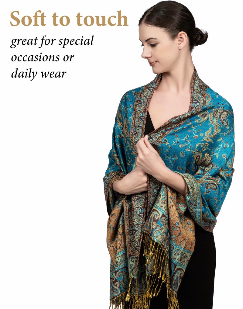 Achillea Soft Silky Reversible Paisley Pashmina Shawl Wrap Scarf w/Fringes (Teal) - Image 3