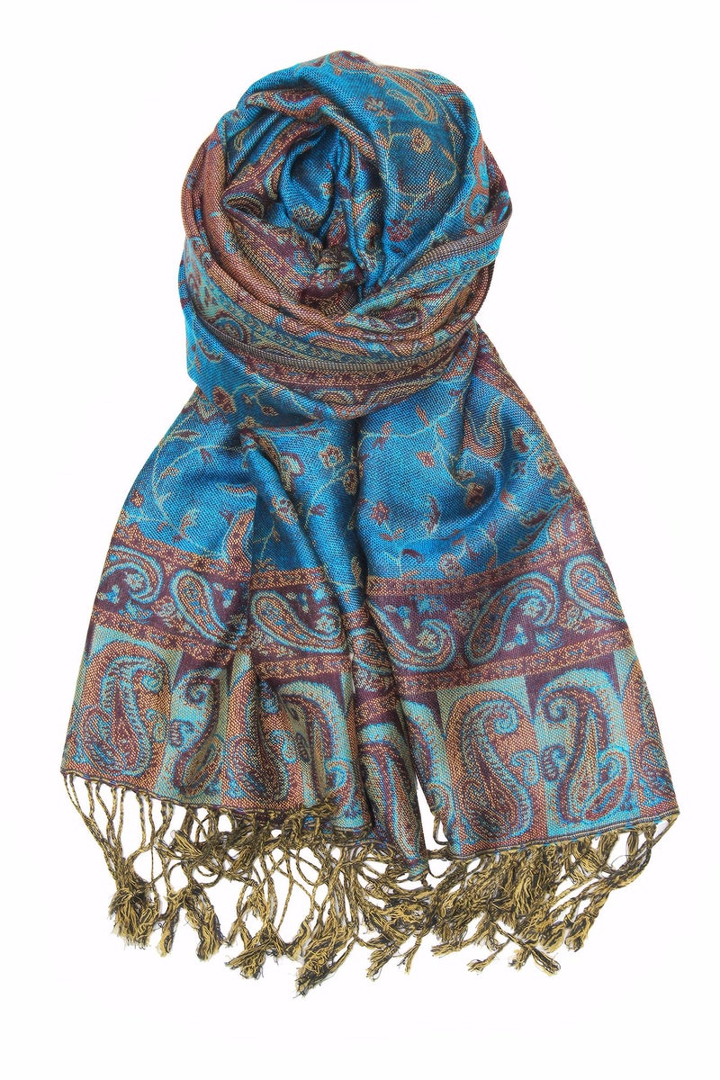 Achillea Soft Silky Reversible Paisley Pashmina Shawl Wrap Scarf w/Fringes (Teal) - Image 1