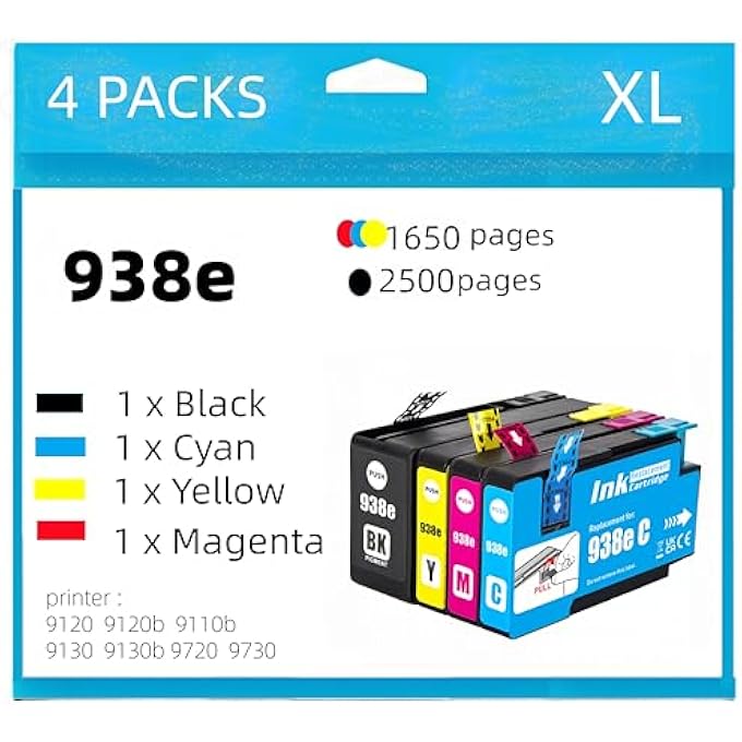 938 خرطوشة حبر بديلة لطابعات HP OFFICEJET PRO 9110، 9120، 9130، 9123، 9720، 9730، 9120B، 9730، 9110B، 9130B، OJ9110B (أسود، ماجنتا، سيان، أصفر) 4-عبوة - Image 1