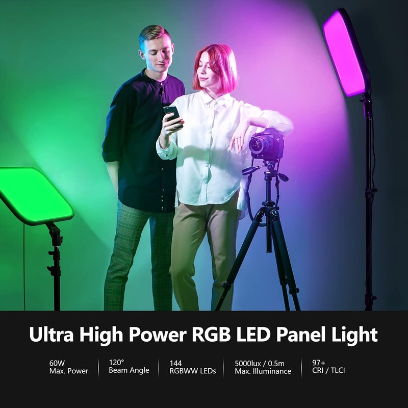 Neewer NEEWER RGB168 18.3" RGB LED Video Panel Light with App Control, 2‑Pack Tripod Stand Kit, 60 W 360° Full‑Color, 2500–8500 K, CRI 97+, 17 Scene Effects, Studio Photography/YouTube/Game Streaming  - Image 2