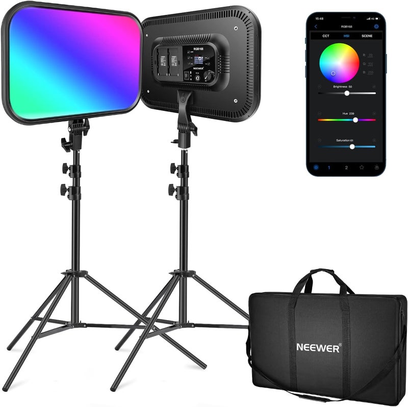 Neewer NEEWER RGB168 18.3" RGB LED Video Panel Light with App Control, 2‑Pack Tripod Stand Kit, 60 W 360° Full‑Color, 2500–8500 K, CRI 97+, 17 Scene Effects, Studio Photography/YouTube/Game Streaming  - Image 1