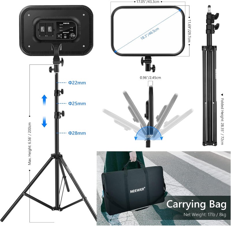 Neewer NEEWER RGB168 18.3" RGB LED Video Panel Light with App Control, 2‑Pack Tripod Stand Kit, 60 W 360° Full‑Color, 2500–8500 K, CRI 97+, 17 Scene Effects, Studio Photography/YouTube/Game Streaming  - Image 4