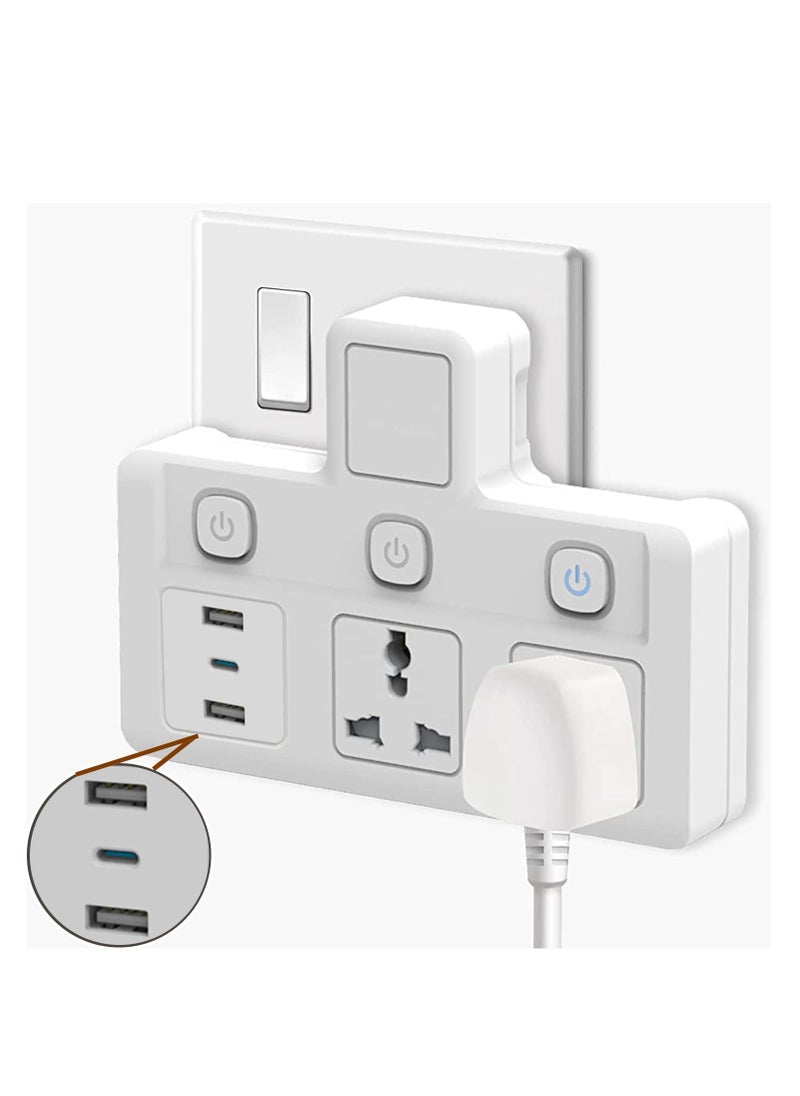 TYCOM Power Adapter Multi Plug Extension, Extender Wall Charger Socket 3 Way Multiple Electrical Outlet Adaptor, Charging Station for Home, Office （2 Way + 2 USB+1Type C）  - Image 1