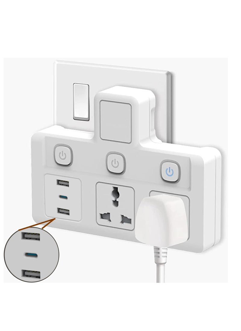 TYCOM Power Adapter Multi Plug Extension, Extender Wall Charger Socket 3 Way Multiple Electrical Outlet Adaptor, Charging Station for Home, Office （2 Way + 2 USB+1Type C）  - Image 3