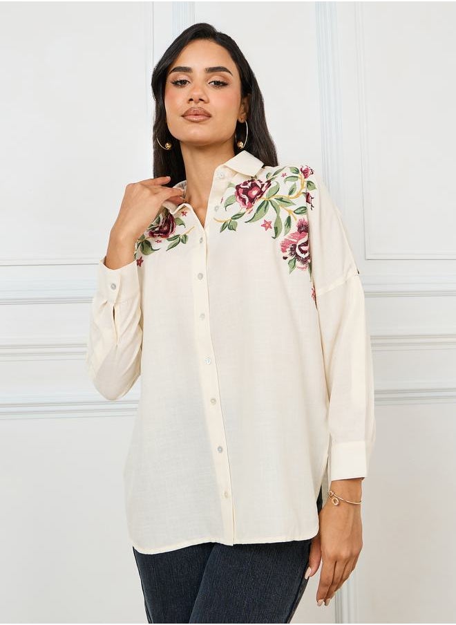 Styli - Embroidered Yoke Oversized Longline Shirt - Image 1