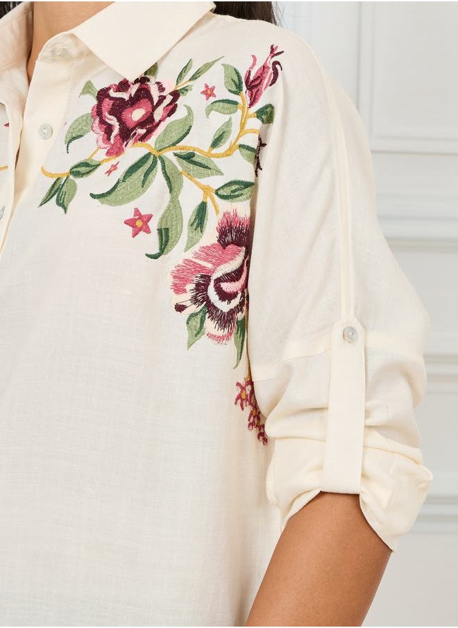 Styli - Embroidered Yoke Oversized Longline Shirt - Image 1