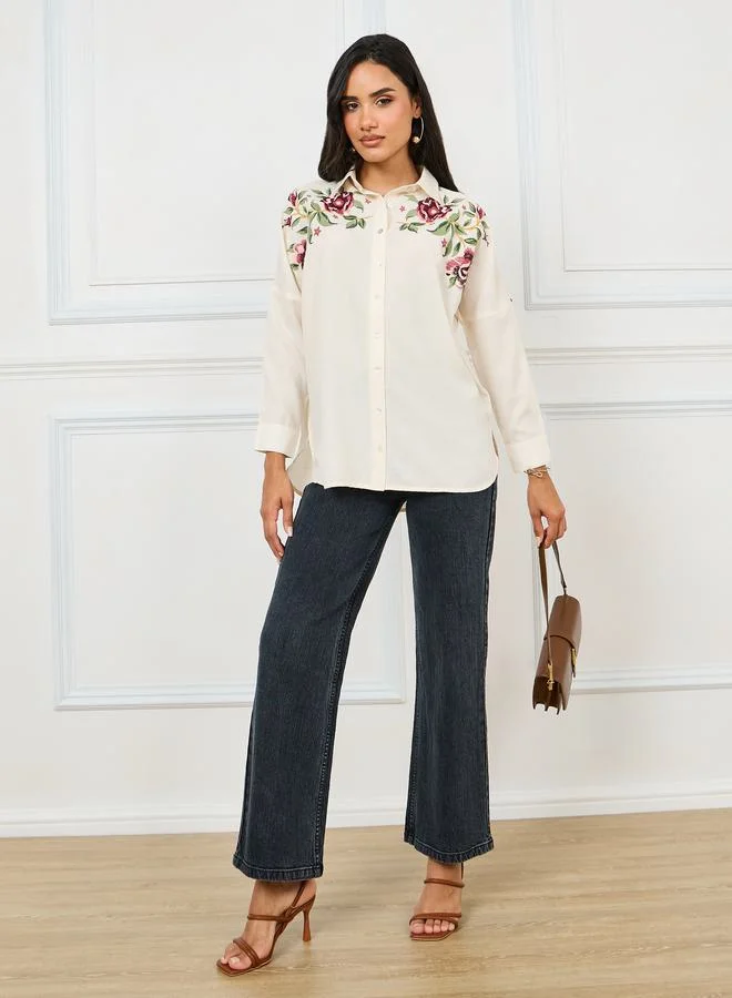 Styli Styli Embroidered Yoke Oversized Longline Shirt
